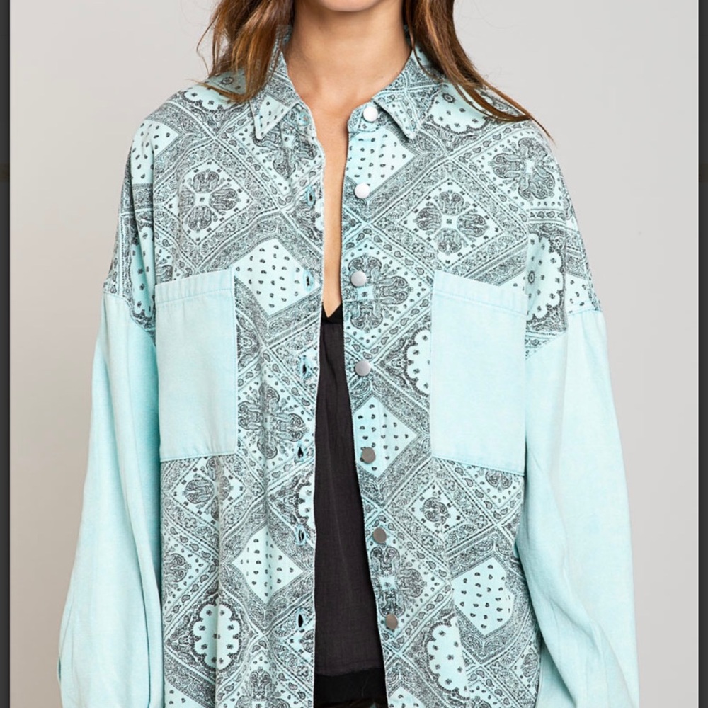 BPB24💙NEW! POL pretty mint+ blue+black paisley jacket w/solid details!💙 - Picture 6 of 10